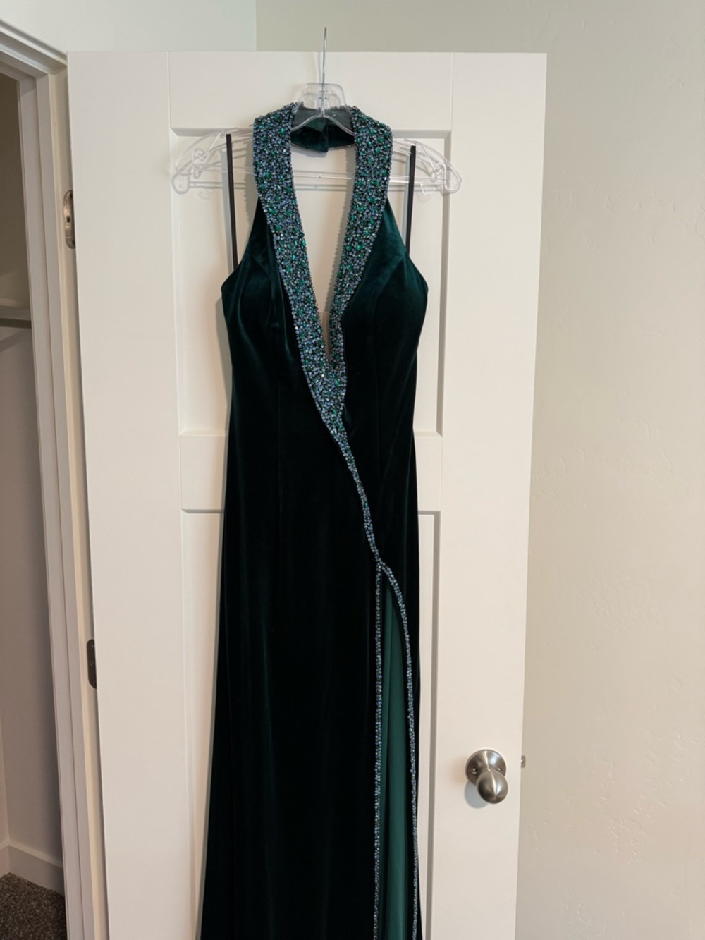 Jovani Emerald Green Velvet Backless Pageant Gown with Beaded Plunge